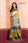 Tussar Kantha Stitch With Brown Green Hand Paint Big Flower Motif