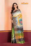 Tussar Kantha Stitch With Brown Green Hand Paint Big Flower Motif