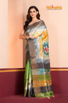 Tussar Kantha Stitch With Brown Green Hand Paint Big Flower Motif