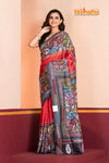 Tussar Kantha Stitch With Red Black Hand Paint Big Flower Motif