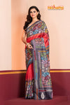 Tussar Kantha Stitch With Red Black Hand Paint Big Flower Motif