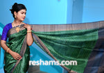 Tussar Block Print Silk Saree in Green Colour - Handwoven