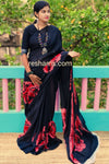 Mul Cotton Digital Print Saree – Black with Red Flower