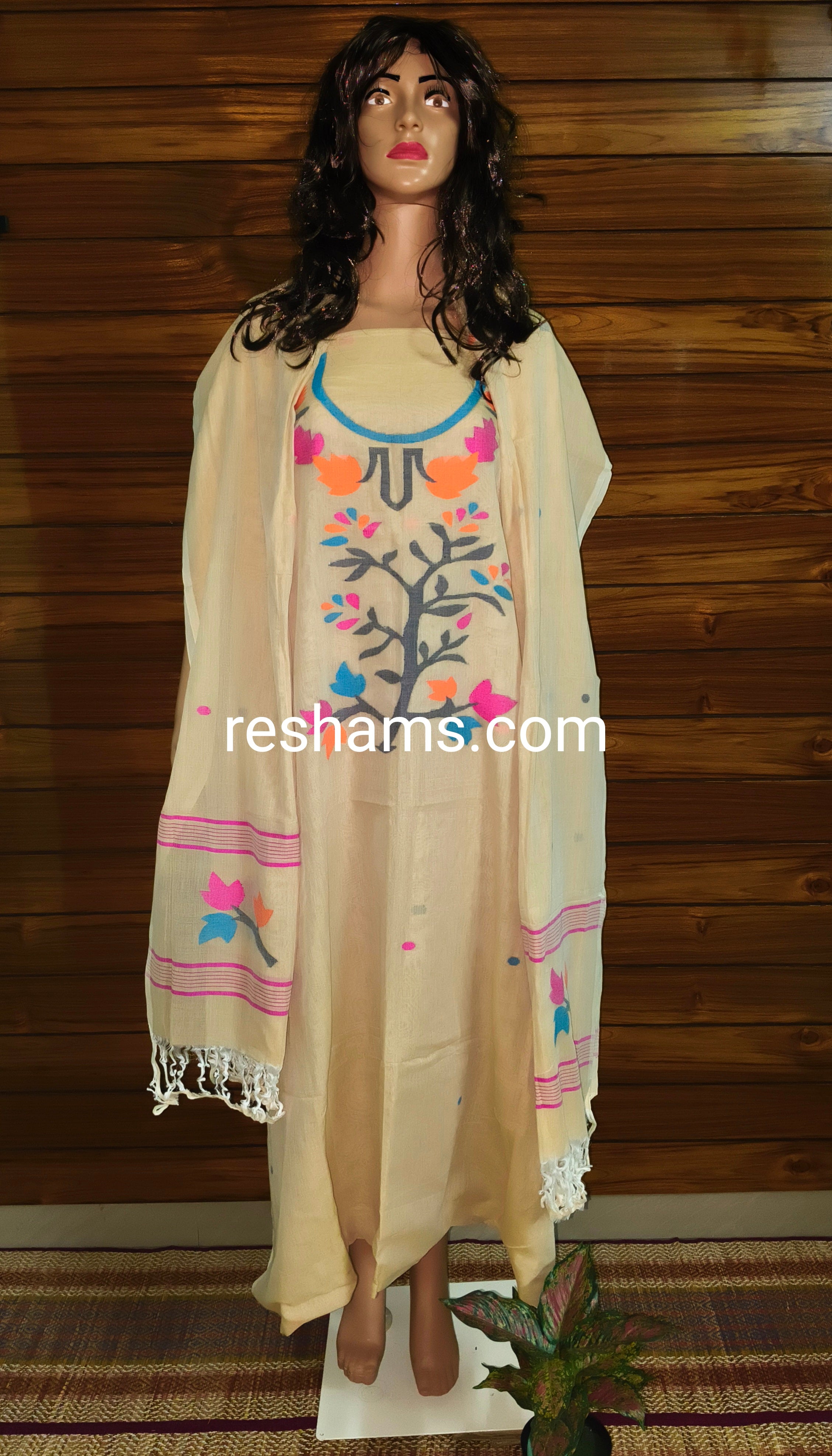 Pure Cotton Jamdani work Handwoven unstitched suit in Light Yellow