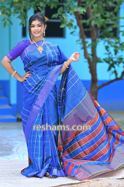 Bishnupuri Checks Katan Silk Saree in Blue Colour - Handwoven