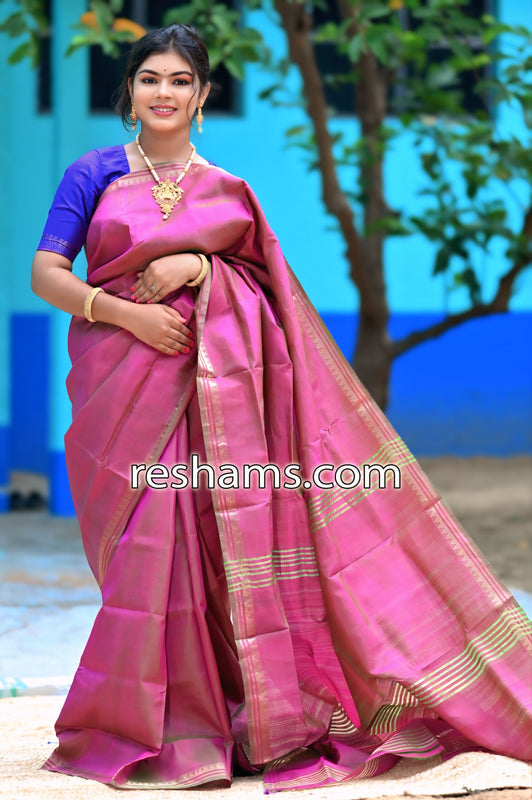 Bishnupuri Katan Silk Saree in Pink - Mangalgiri Pattern Handwoven