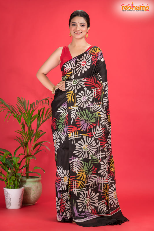 Murshidabad Mulberry Silk Black Hand Paint