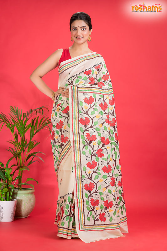 Tussar Kantha Stitch With Red White Hand Paint Big Flower Motif