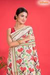 Tussar Kantha Stitch With Red White Hand Paint Big Flower Motif