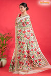 Tussar Kantha Stitch With Red White Hand Paint Big Flower Motif