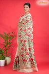 Tussar Kantha Stitch With Red White Hand Paint Big Flower Motif