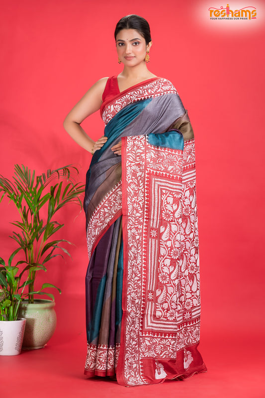 Tussar Kantha Stitch With Red Multicolor Hand Paint Big Flower Motif