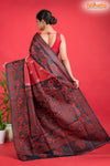 Tussar Kantha Stitch With Black Red Hand Paint Flower Motif