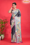 Tussar Kantha Stitch With Black White Hand Paint Flower Motif