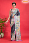 Tussar Kantha Stitch With Black White Hand Paint Flower Motif