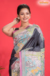 Tussar Kantha Stitch With Black White Hand Paint Flower Motif
