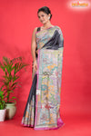 Tussar Kantha Stitch With Black White Hand Paint Flower Motif
