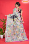 Tussar Kantha Stitch With Black White Hand Paint Flower Motif