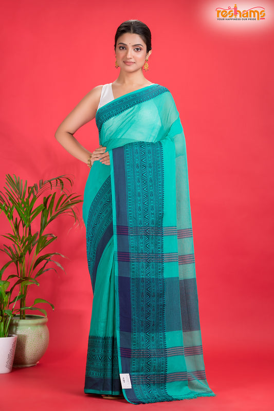 Pondicherry Khadi Cotton, Handloom Saree with Traditional Design in Sky Blue Green