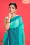 Pondicherry Khadi Cotton, Handloom Saree with Traditional Design in Sky Blue Green