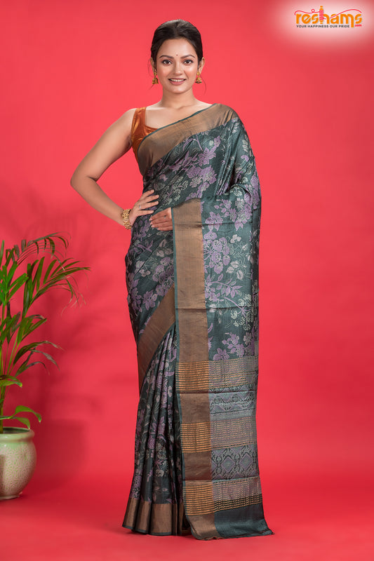 PURE PRINTED TUSSAR SILK GREEN