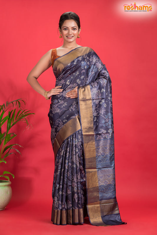 PURE PRINTED TUSSAR SILK BLUE
