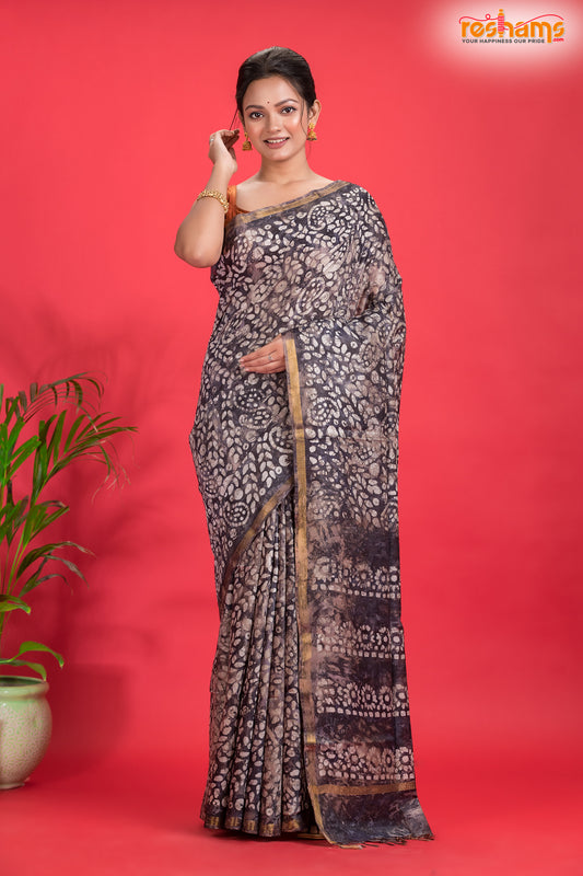 Linen batik cotton silk – black Body with Golden Zari Border