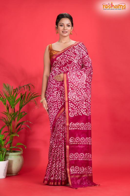 Linen batik cotton silk – pink Body with Golden Zari Border