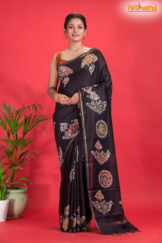 Linen cotton silk – Brown Body with Golden Zari Border