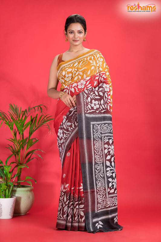 Tussar Kantha Stitch With Red Yellow Hand Paint Big Flower Motif