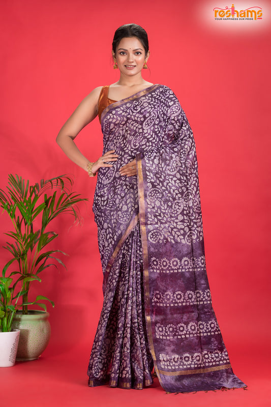 Linen batik cotton silk – purple Body with Golden Zari Border