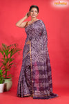 Linen batik cotton silk – purple Body with Golden Zari Border