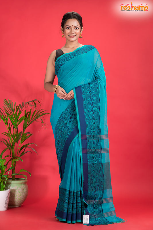 Pondicherry Khadi Cotton, Handloom Saree with Traditional Design in Sky Blue