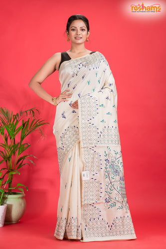 Tussar Kantha Stitch With White Hand Paint Big Flower Motif