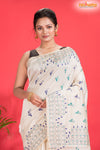 Tussar Kantha Stitch With White Hand Paint Big Flower Motif