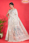 Tussar Kantha Stitch With White Hand Paint Big Flower Motif