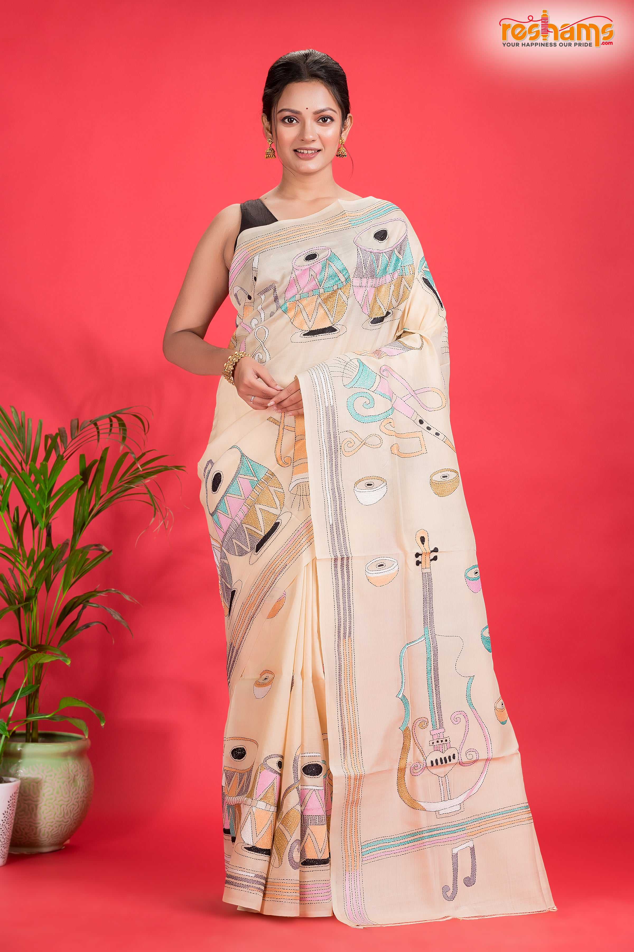Tussar Kantha Stitch With White Hand Paint Musical Instruments Motif