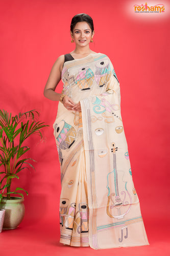Tussar Kantha Stitch With White Hand Paint Musical Instruments Motif
