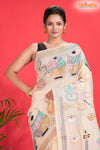 Tussar Kantha Stitch With White Hand Paint Musical Instruments Motif