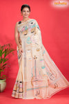 Tussar Kantha Stitch With White Hand Paint Musical Instruments Motif