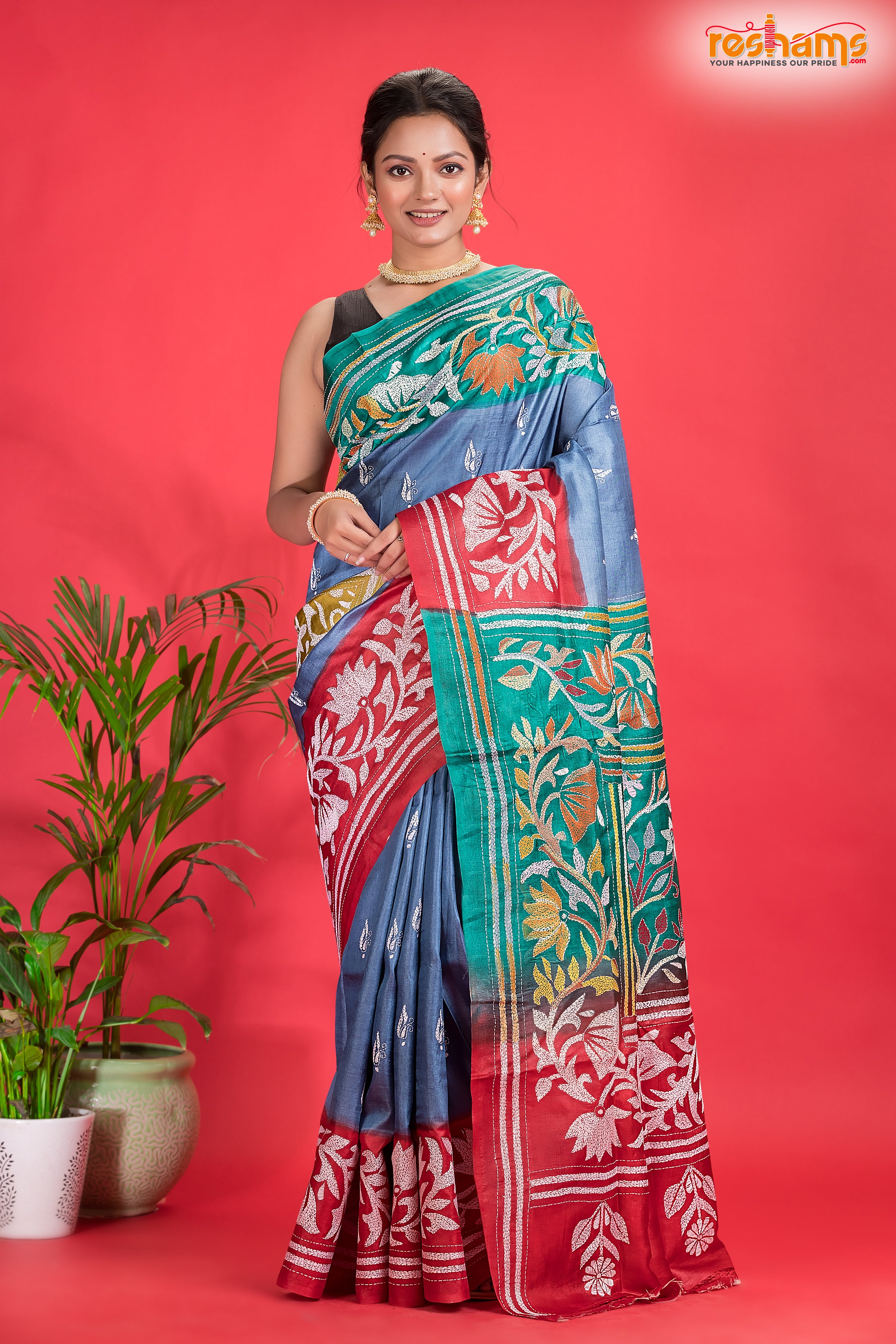 Tussar Kantha Stitch With Blue Red Hand Paint Flower Motif