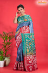 Tussar Kantha Stitch With Blue Red Hand Paint Flower Motif