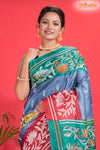 Tussar Kantha Stitch With Blue Red Hand Paint Flower Motif