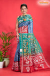 Tussar Kantha Stitch With Blue Red Hand Paint Flower Motif