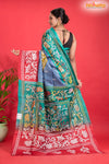 Tussar Kantha Stitch With Blue Red Hand Paint Flower Motif