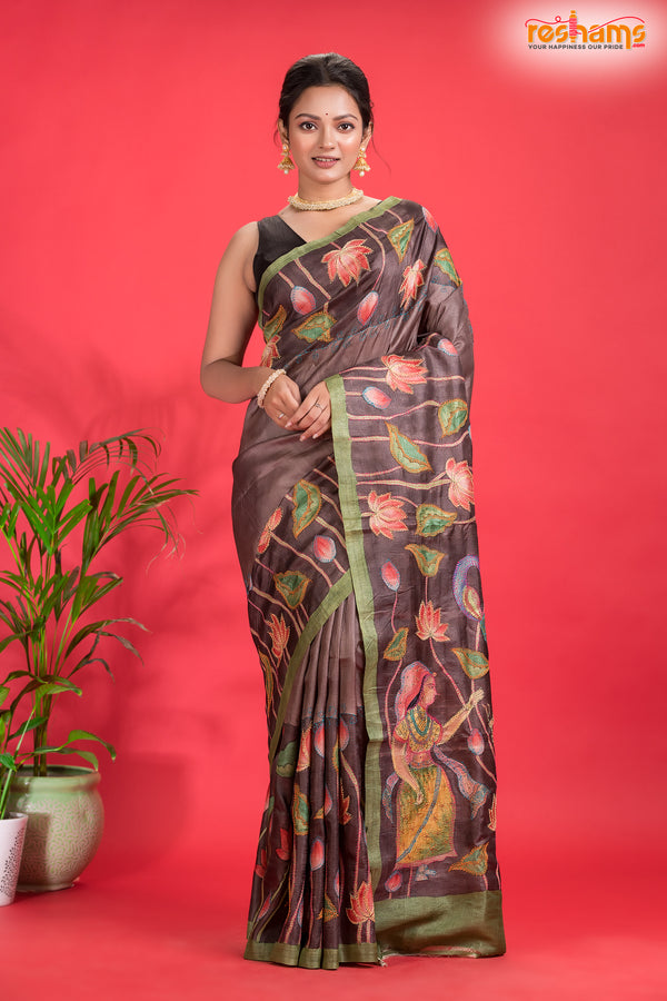 Tussar Kantha Stitch With Brown Hand Paint Big Flower Motif