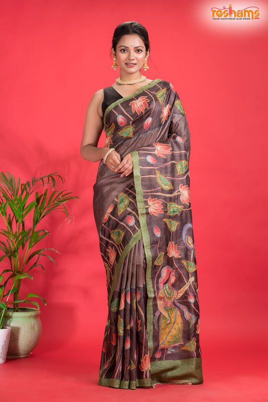 Tussar Kantha Stitch With Brown Hand Paint Big Flower Motif