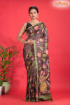 Tussar Kantha Stitch With Brown Hand Paint Big Flower Motif