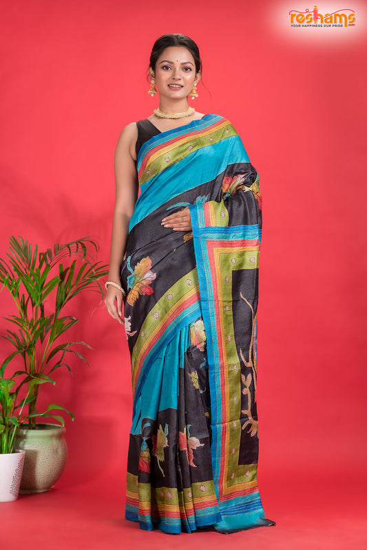 Tussar Kantha Stitch with black sky hand paint big leaf motif