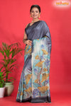 Tussar Kantha Stitch With Grey Hand Paint Big Flower Motif